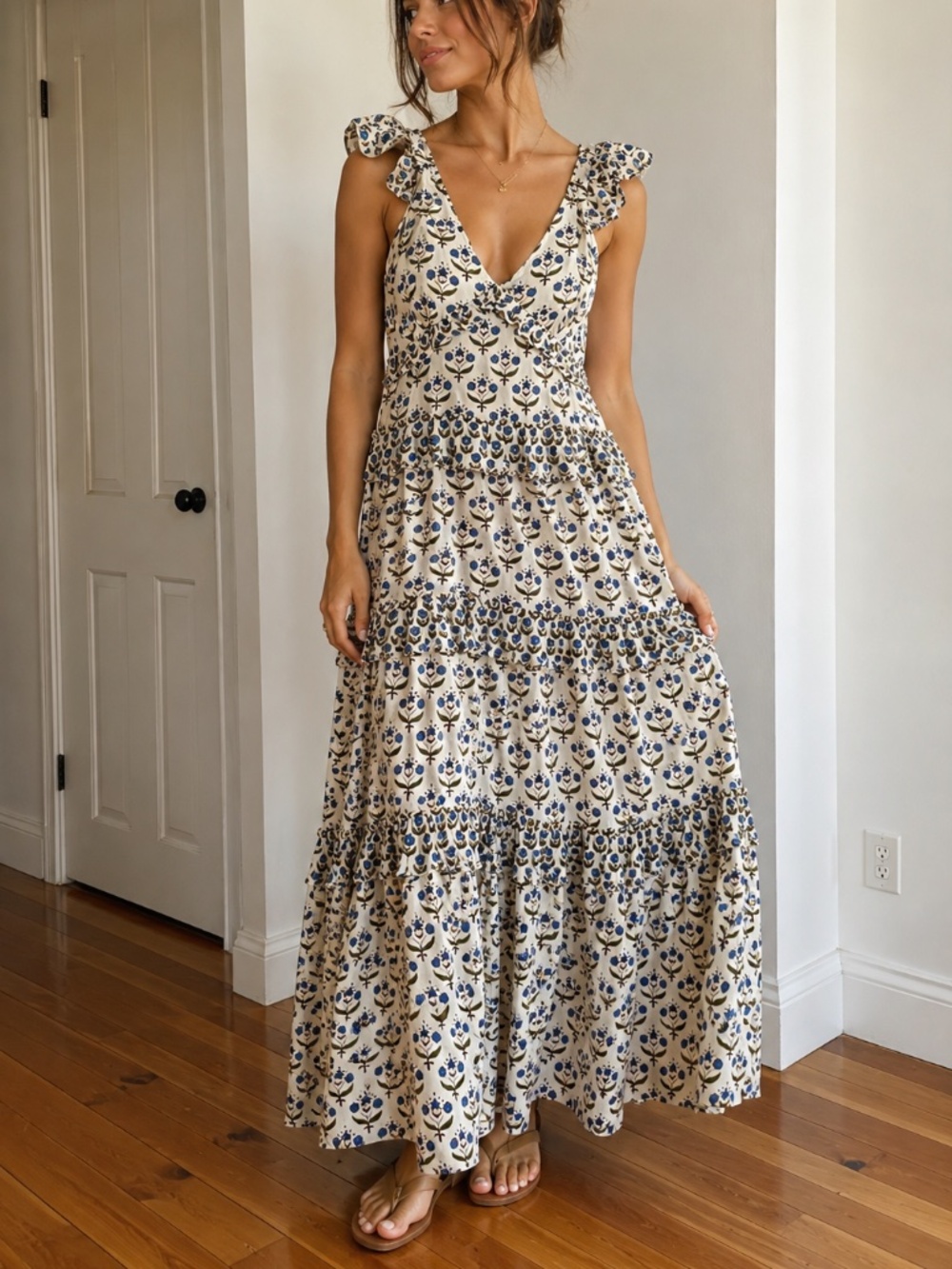 MISA Los Angeles Morrison Floral Tiered Maxi Dress Blue White XS